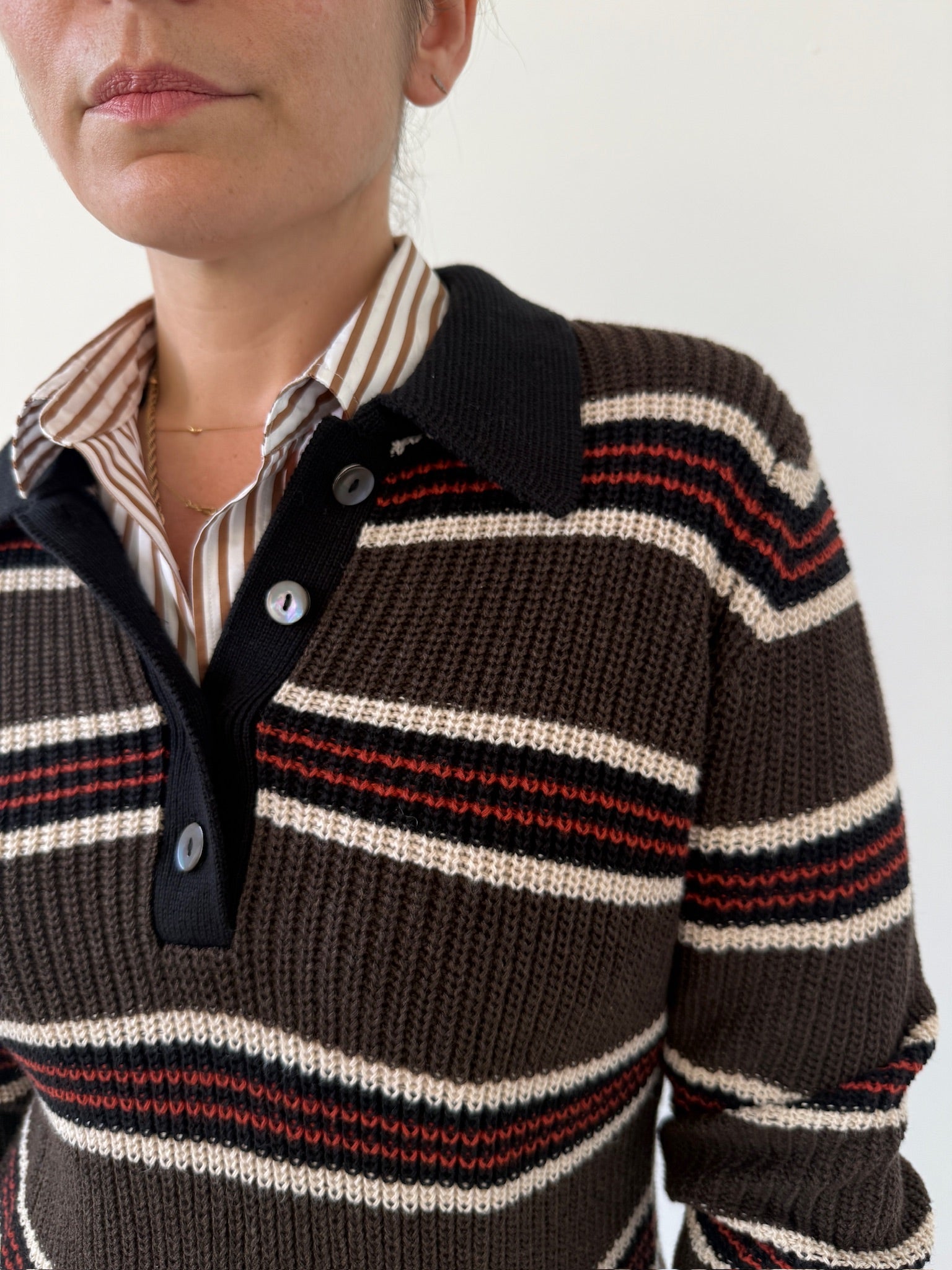Breton Boxy stripe sweater on model front polo detail