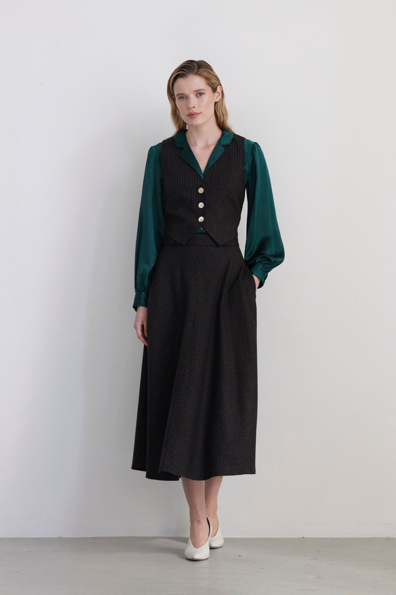 SAMPLE FW26 - Gwen Mitered Bias Skirt in Wool - Dark Chocolate Pinstripe Samples CHRISTINE ALCALAY Dark Chocolate Pinstripe 2