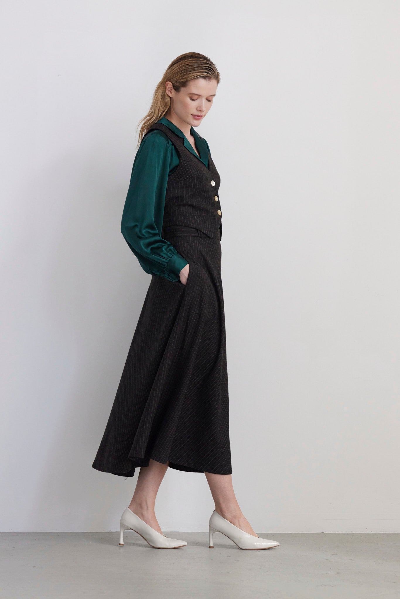 SAMPLE FW26 - Gwen Mitered Bias Skirt in Wool - Dark Chocolate Pinstripe Samples CHRISTINE ALCALAY