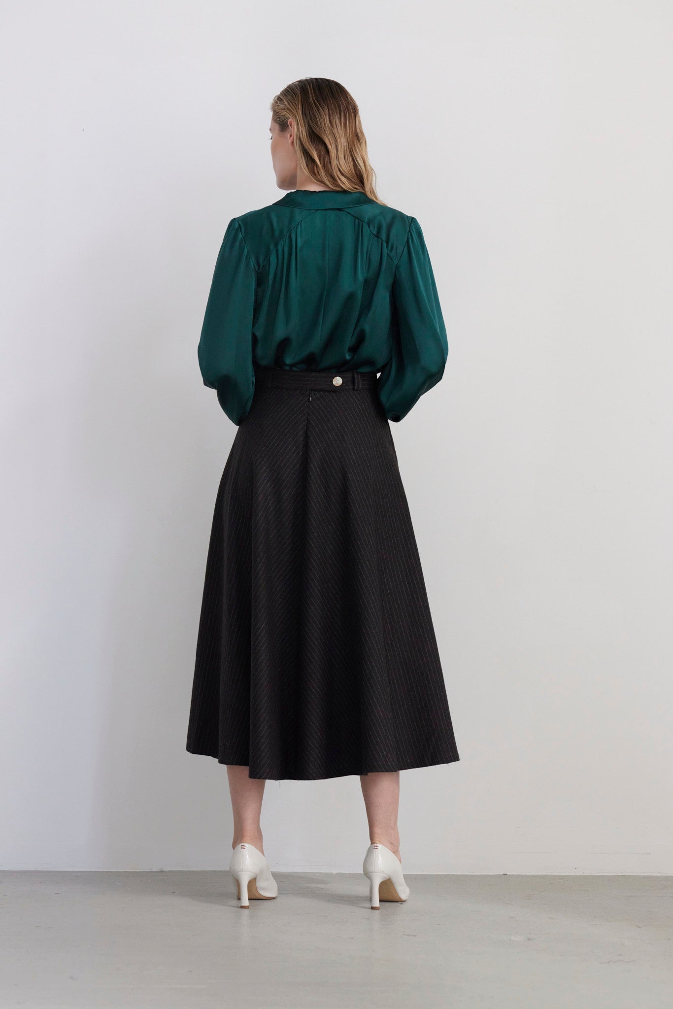 SAMPLE FW26 - Gwen Mitered Bias Skirt in Wool - Dark Chocolate Pinstripe Samples CHRISTINE ALCALAY