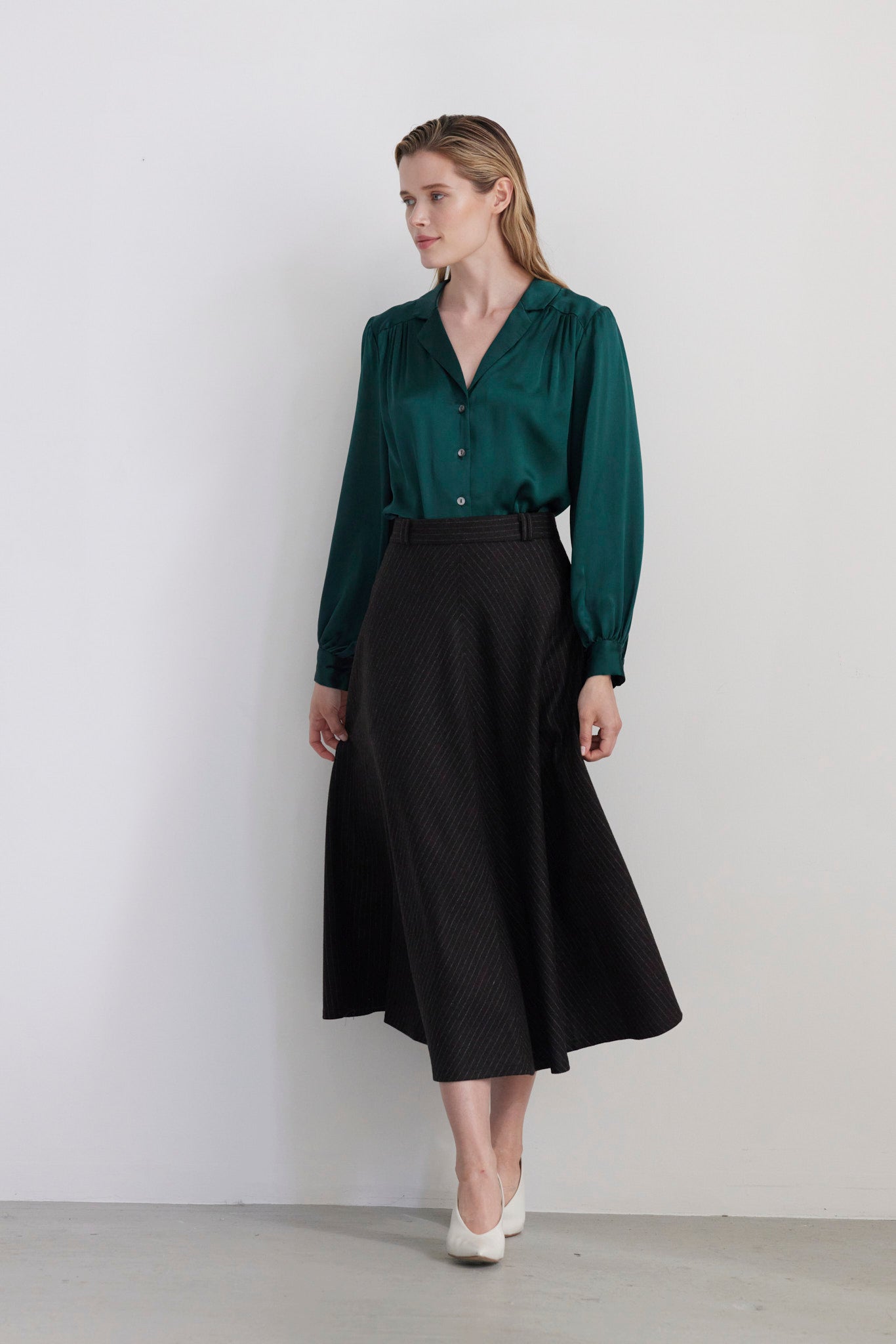 SAMPLE FW26 - Gwen Mitered Bias Skirt in Wool - Dark Chocolate Pinstripe Samples CHRISTINE ALCALAY
