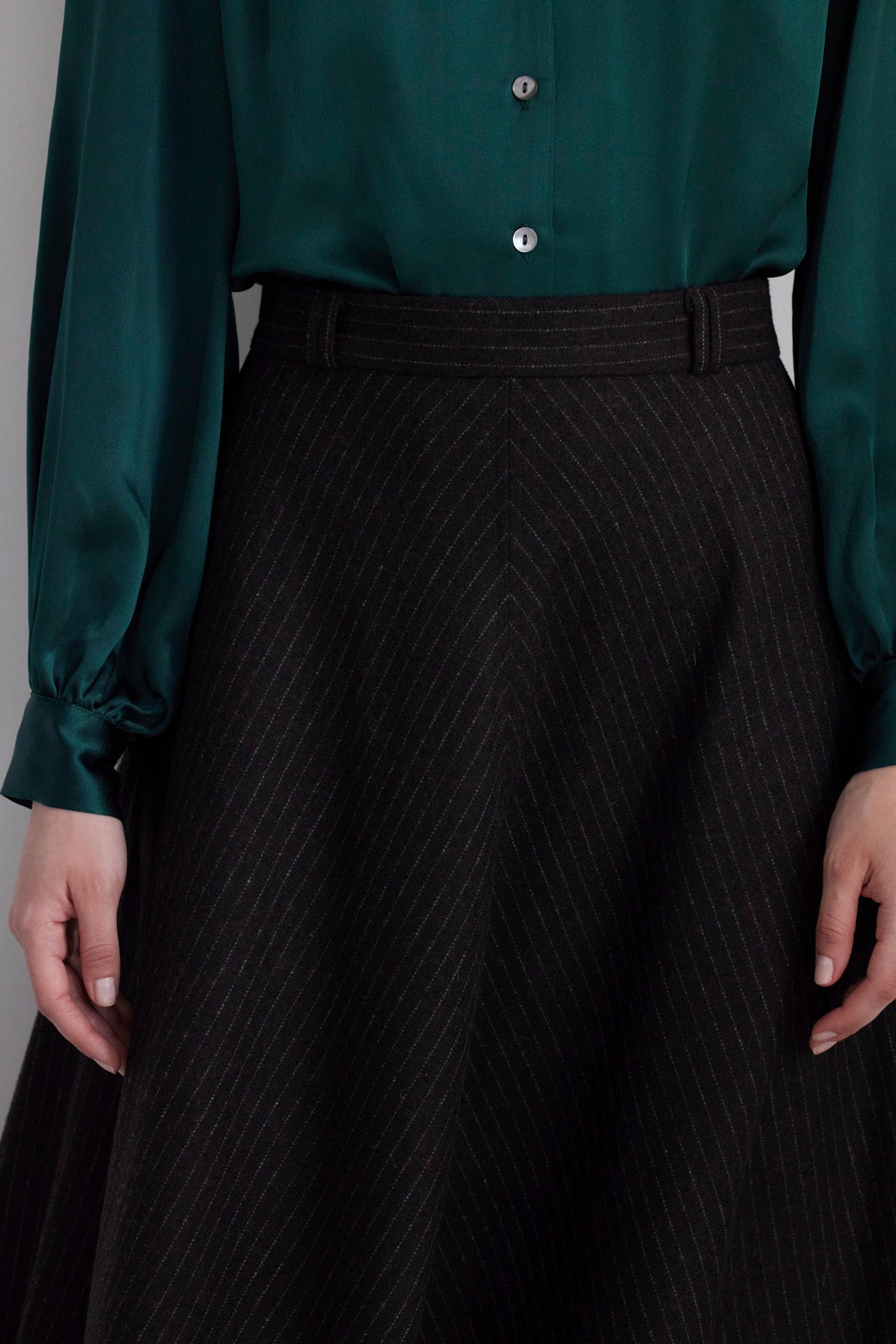 SAMPLE FW26 - Gwen Mitered Bias Skirt in Wool - Dark Chocolate Pinstripe Samples CHRISTINE ALCALAY