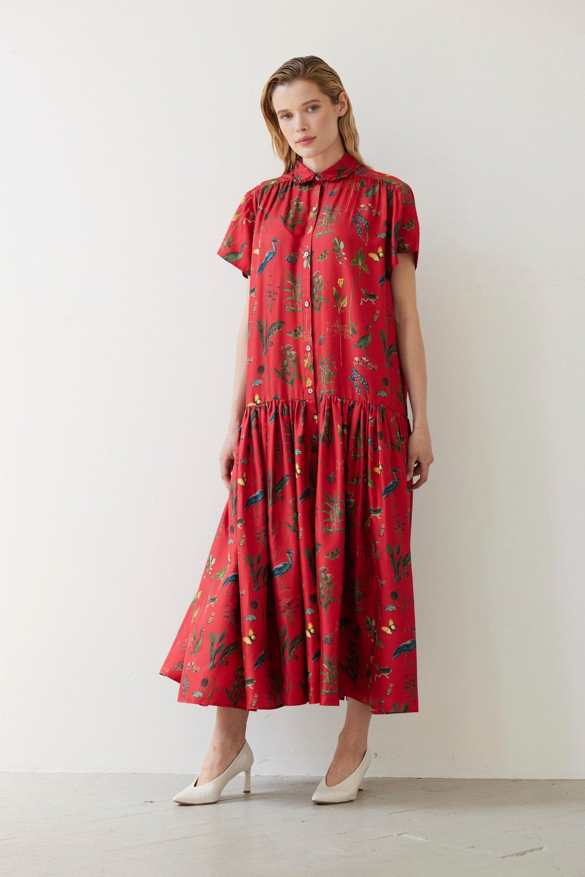 SAMPLE FW26 - Jacqueline Dress in Audubon Silk Twill - Vermillion Red Samples CHRISTINE ALCALAY Vermillion Audubon XS/S - 2