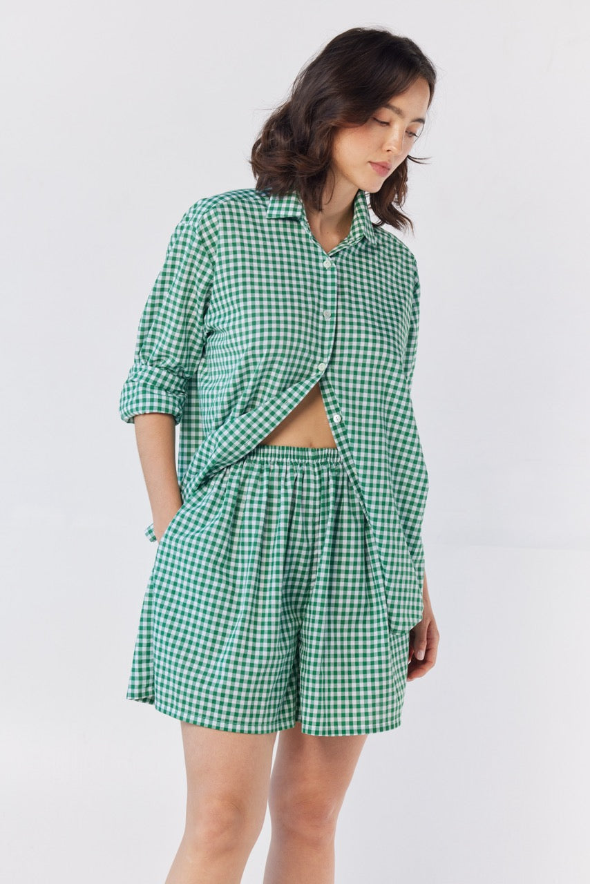 Gigi Shorts in Malachite Green Gingham Cotton Blend Shorts CHRISTINE ALCALAY