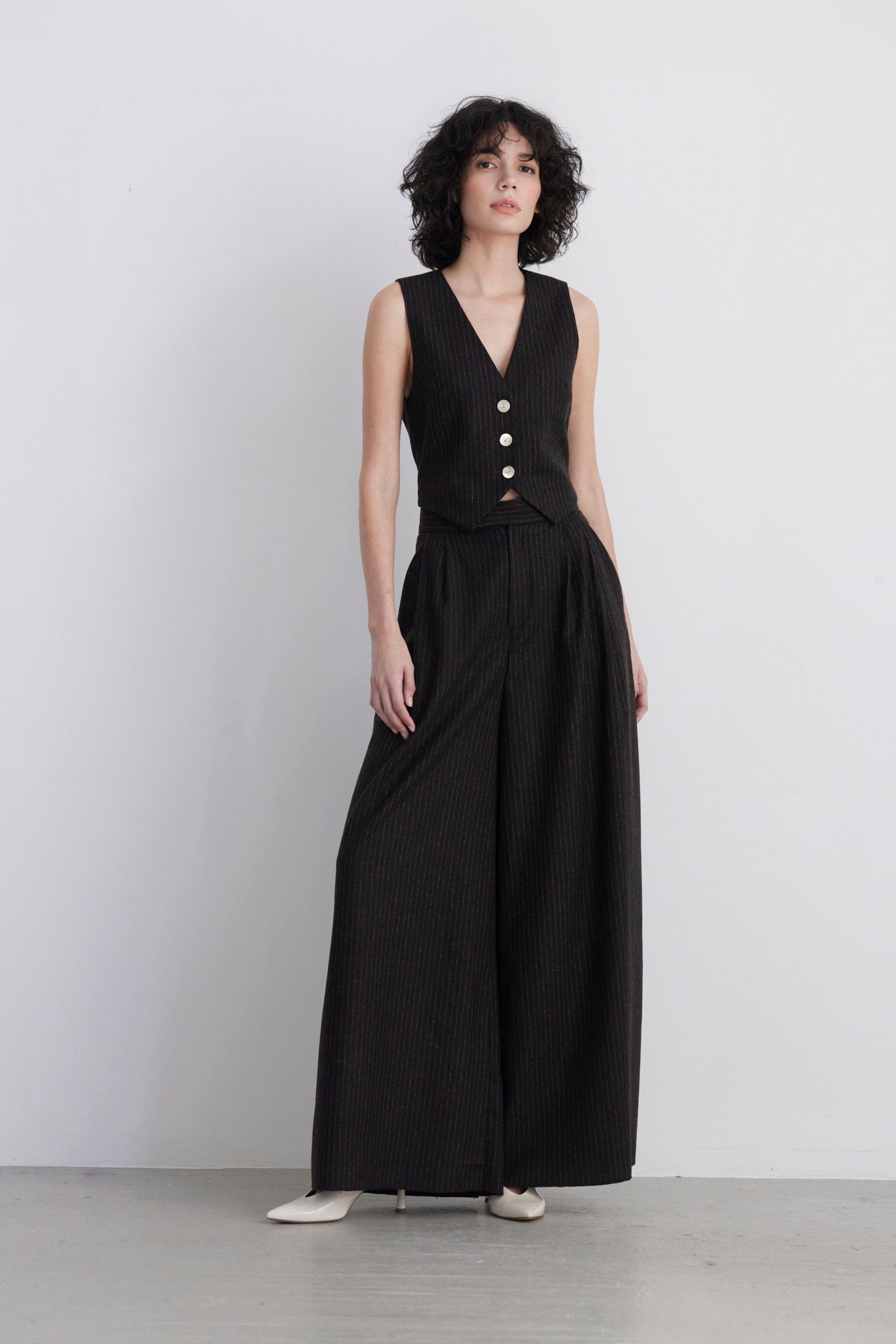 SAMPLE FW26 - Katherine Wide Leg Pant in Wool - Dark Chocolate Pinstripe, Brown Samples CHRISTINE ALCALAY Dark Chocolate Pinstripe 2 - 1