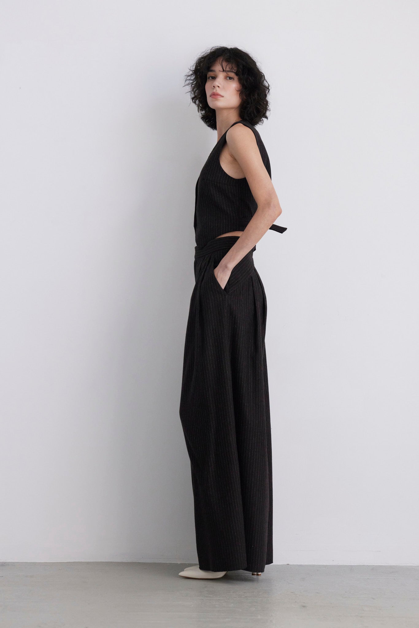 SAMPLE FW26 - Katherine Wide Leg Pant in Wool - Dark Chocolate Pinstripe, Brown Samples CHRISTINE ALCALAY - 2