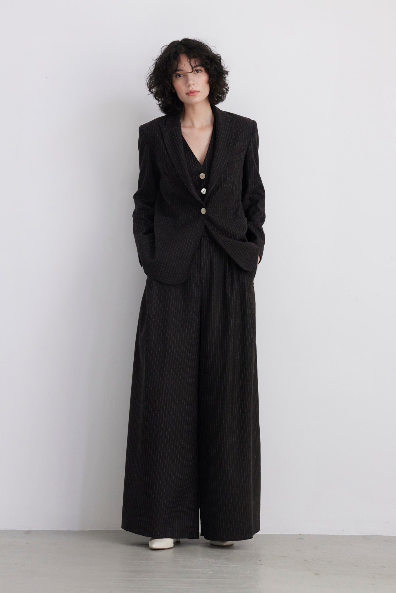 SAMPLE FW26 - Katherine Wide Leg Pant in Wool - Dark Chocolate Pinstripe, Brown Samples CHRISTINE ALCALAY - 5