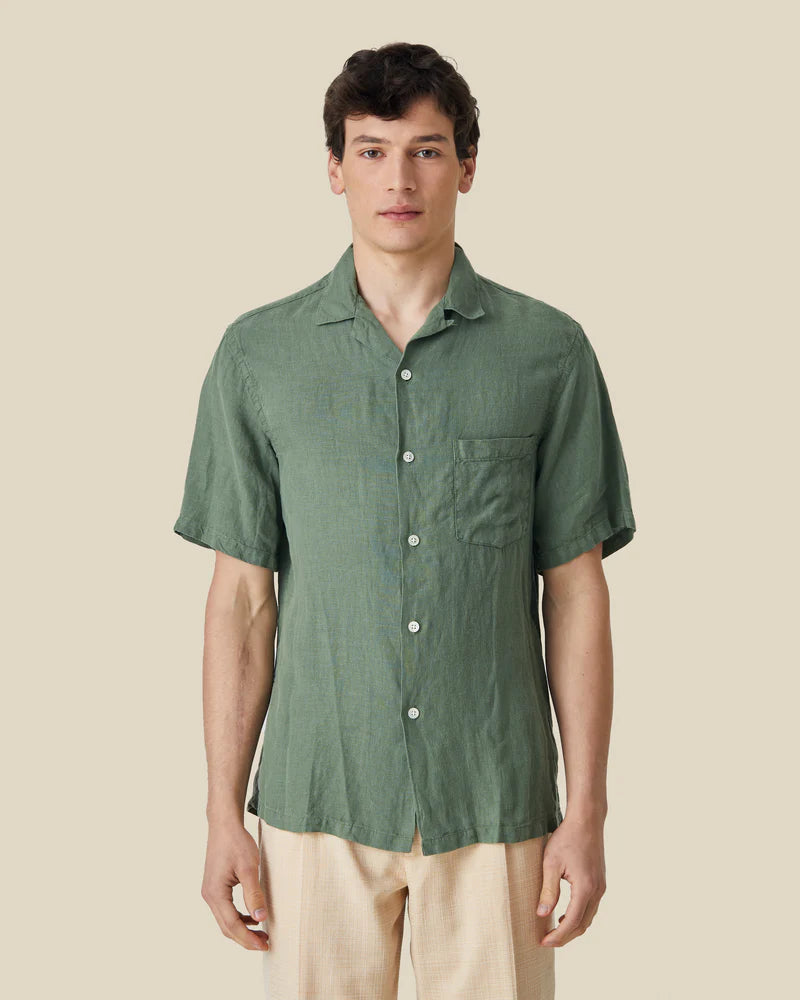 Linen Camp Collar S/S Shirt Shirt Portuguese Flannel Dry Green S 
