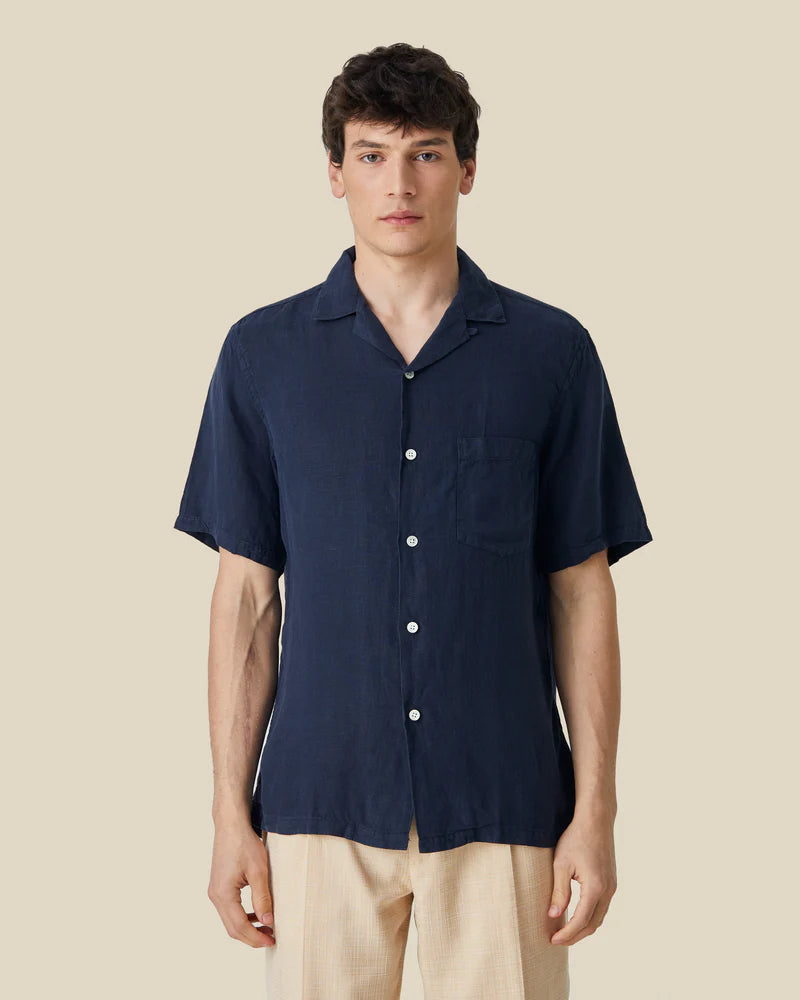 Linen Camp Collar S/S Shirt Shirt Portuguese Flannel Navy S 