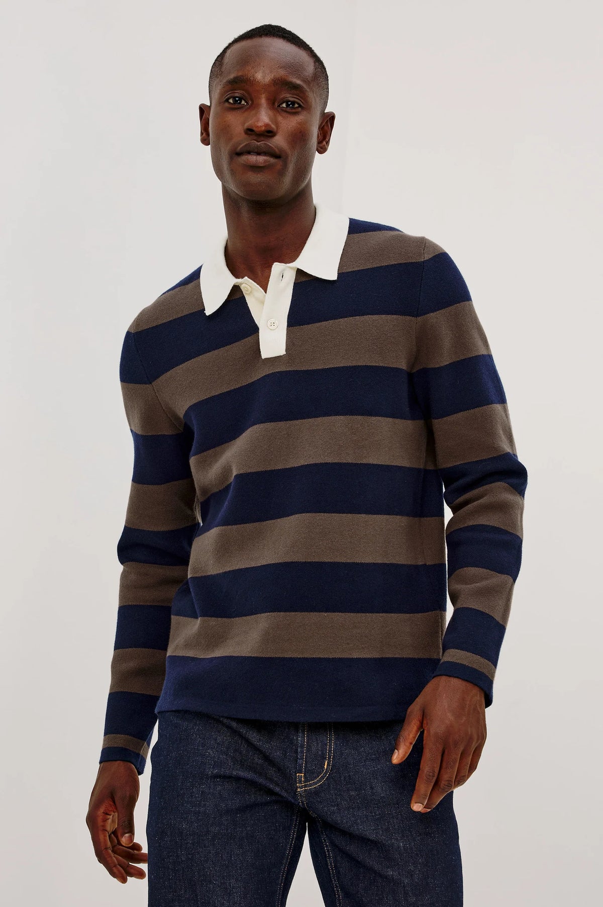 Navy/beige Stripe Knit Polo, Rails