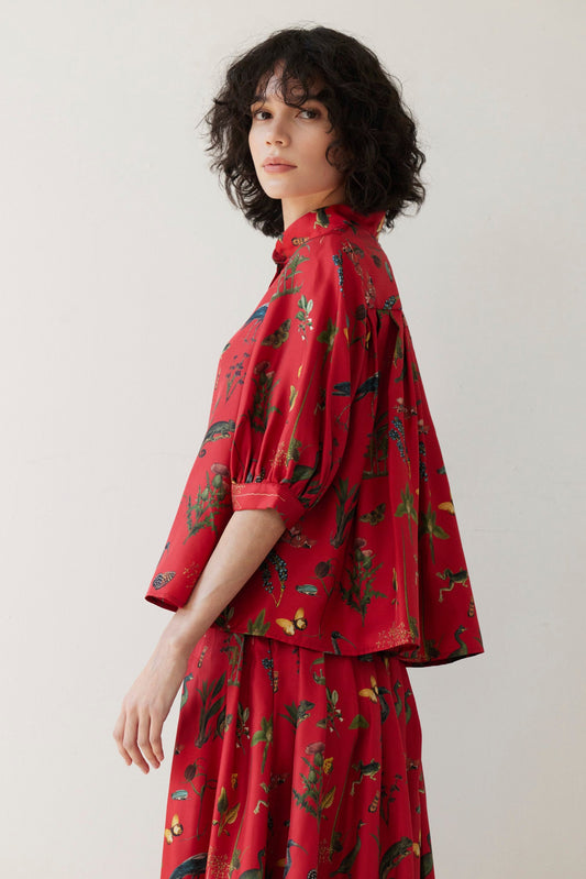 Livia Blouse in Audubon Silk Twill Tops CHRISTINE ALCALAY Vermillion Audubon Extra Small