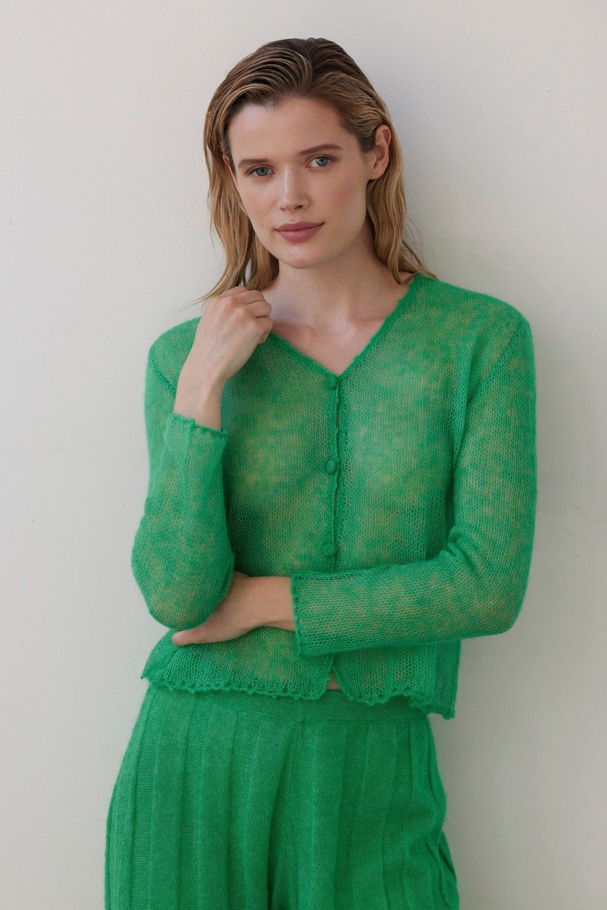 Luz Open Knit Cardigan in Baby Alpaca Sweaters CHRISTINE ALCALAY Grass Green XS/S - 1