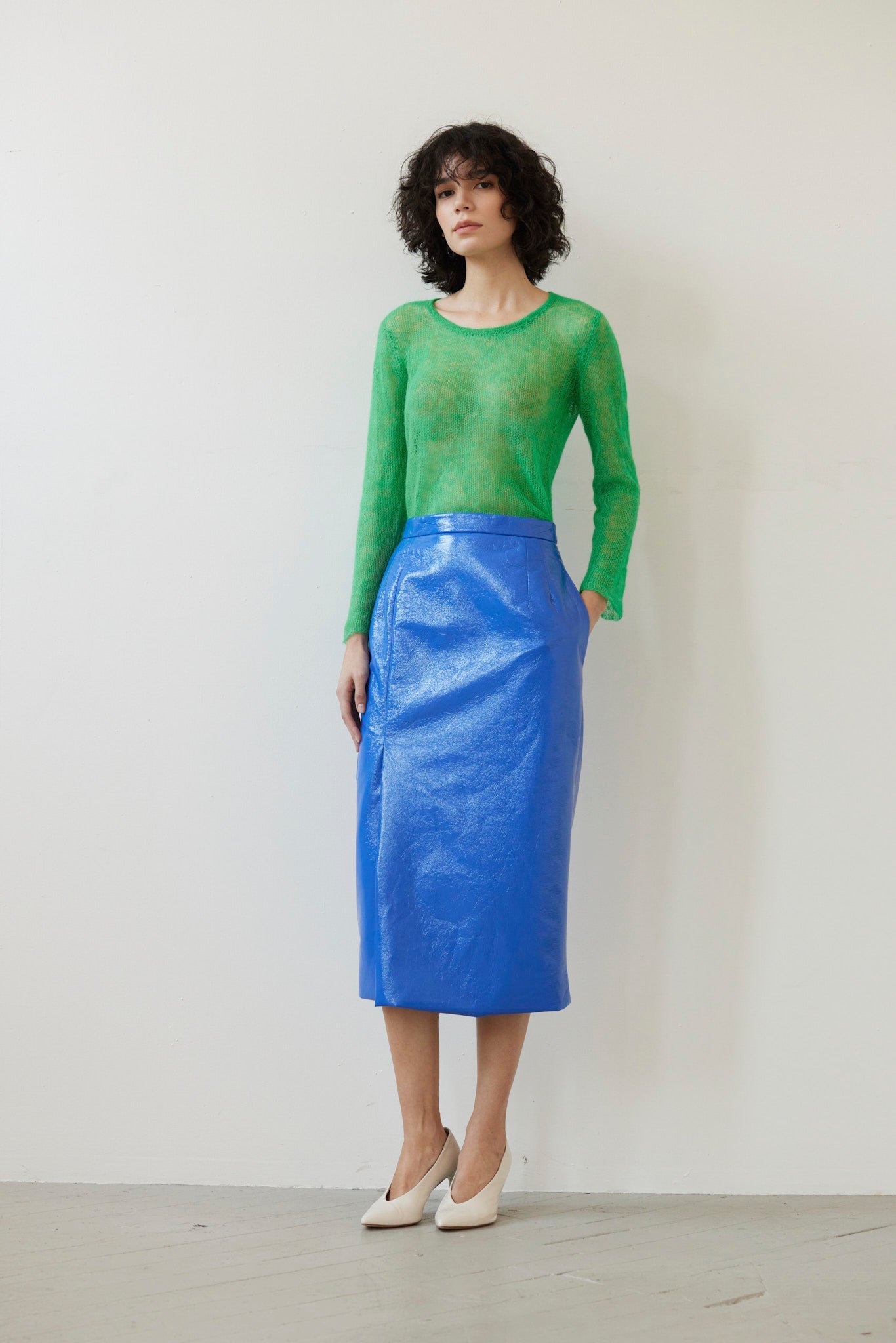 Monica Midi Straight Skirt in Gloss Pleatherette Skirts CHRISTINE ALCALAY Electric Blue 0