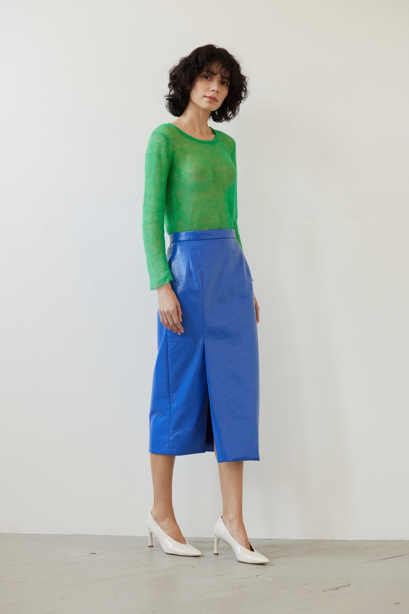Monica Midi Straight Skirt in Gloss Pleatherette Skirts CHRISTINE ALCALAY