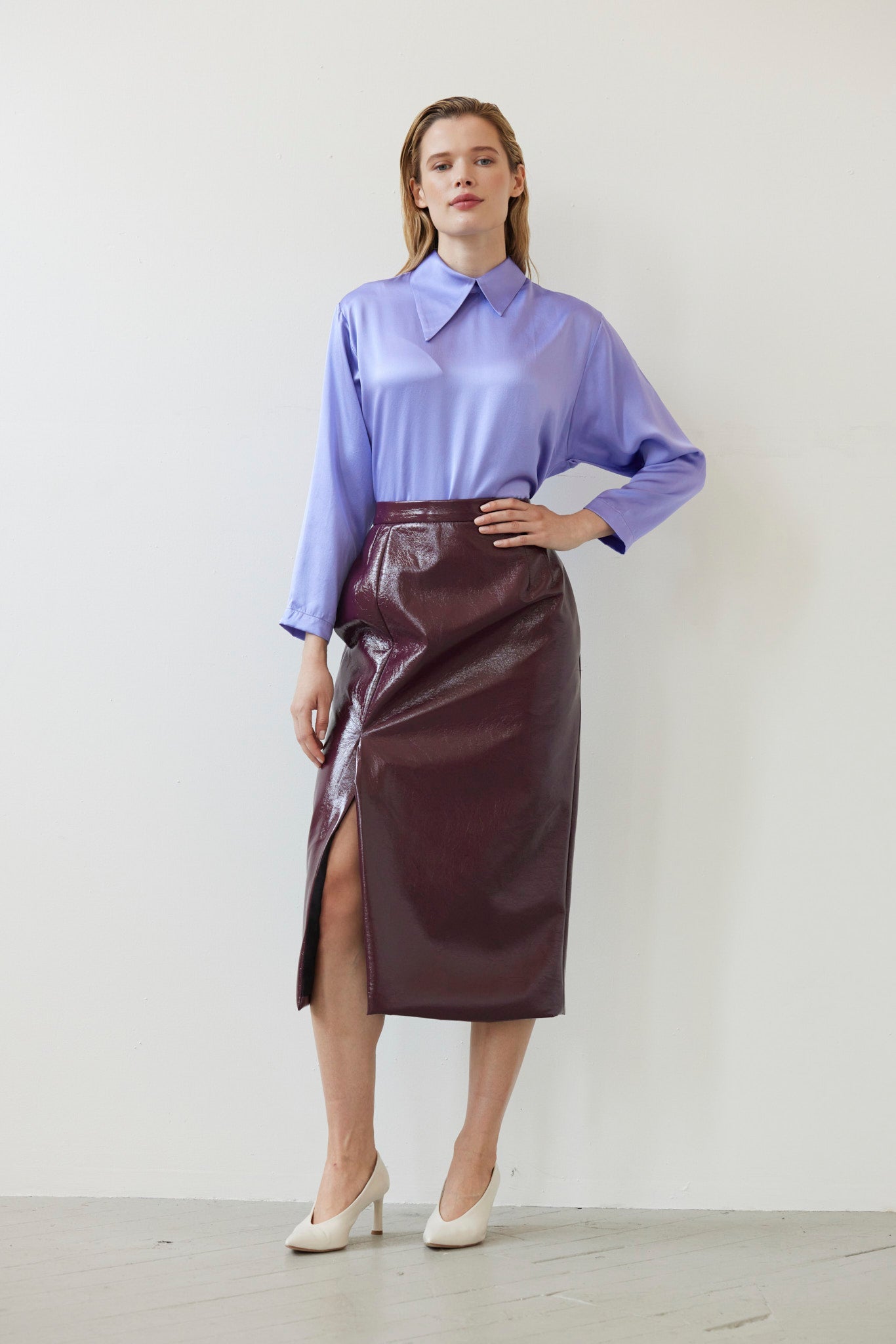 Monica Midi Straight Skirt in Gloss Pleatherette Skirts CHRISTINE ALCALAY Plum Wine 0