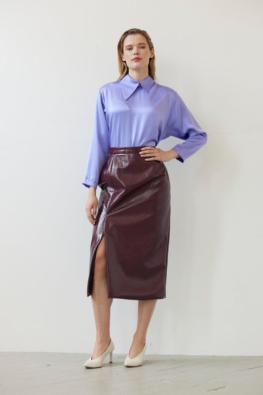 Monica Midi Straight Skirt in Gloss Pleatherette Skirts CHRISTINE ALCALAY Plum Wine 0