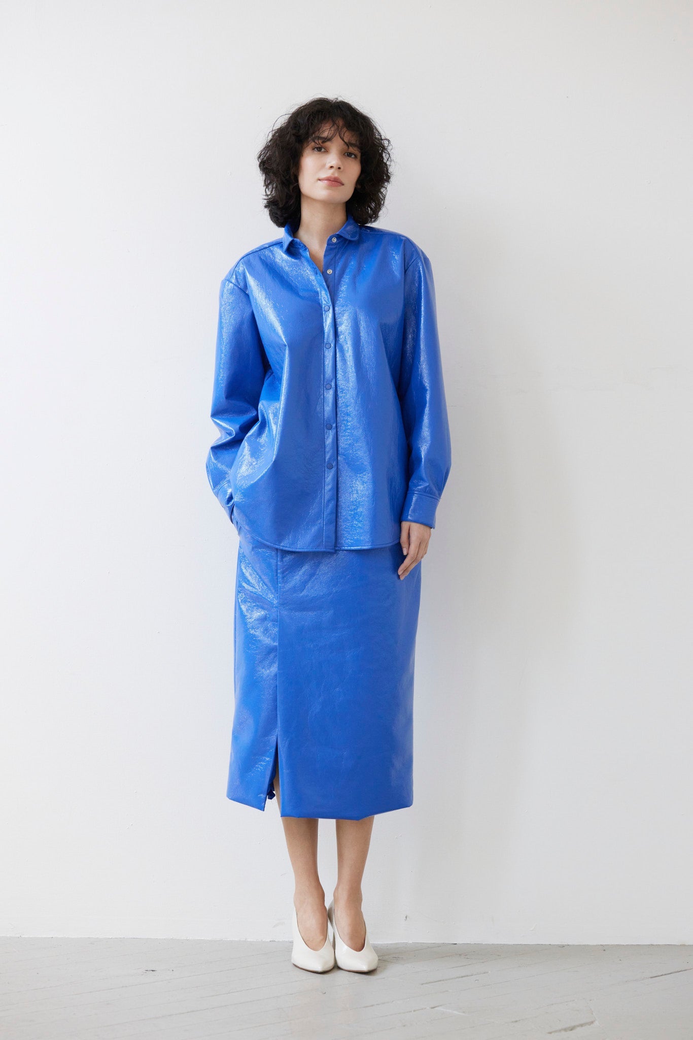 Monica Midi Straight Skirt in Gloss Pleatherette Skirts CHRISTINE ALCALAY