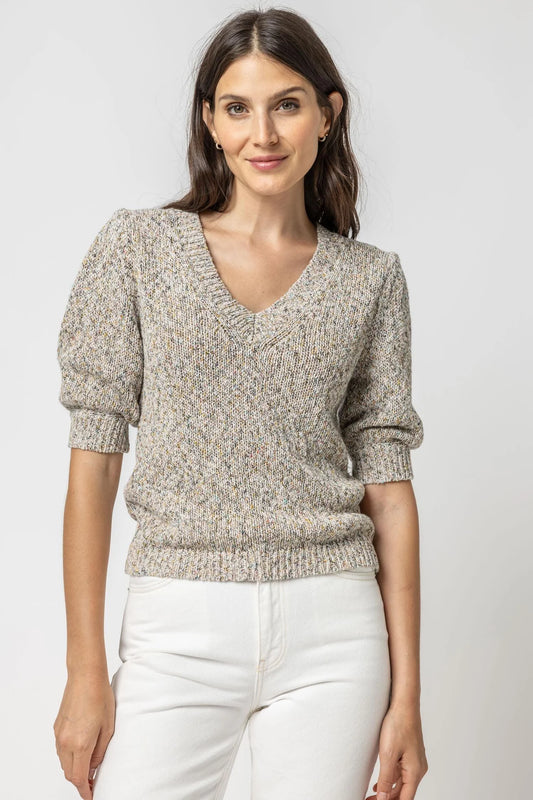 Elbow Sleeve V-Neck Sweater  Lilla P. Multi Fleck S 