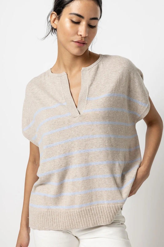 Striped Split Neck Tunic Sweater  Lilla P. Wheat Stripe XS/S 