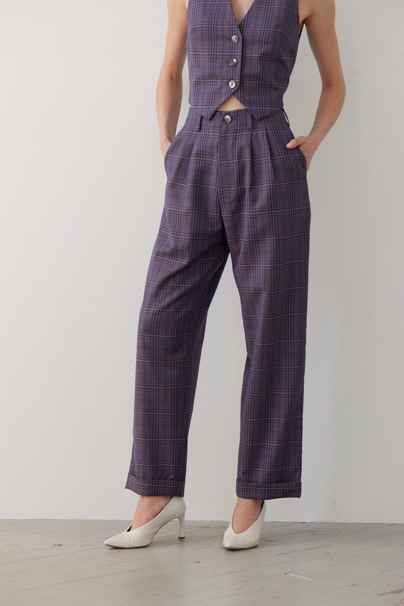 Patty Straight Leg Pant in Tropical Wool Pants CHRISTINE ALCALAY Shadow Violet Plaid Extra Small