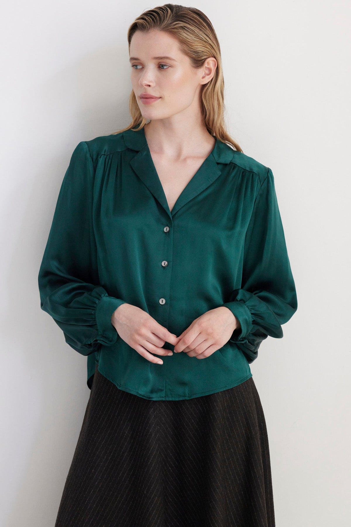 SAMPLE FW26 - Rose Blouse in Silk Charmeuse - Menagerie Green Samples CHRISTINE ALCALAY - 1