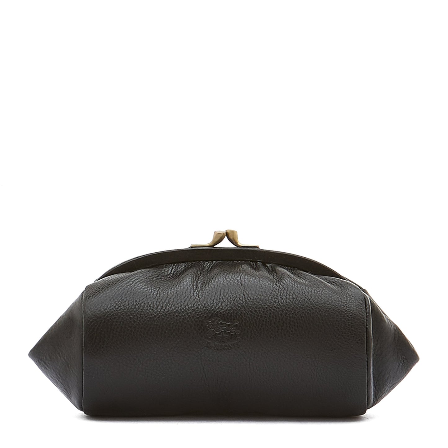 A black pebbled leather pouch bag with a kiss-lock metal clasp closure, shown against a plain white background.