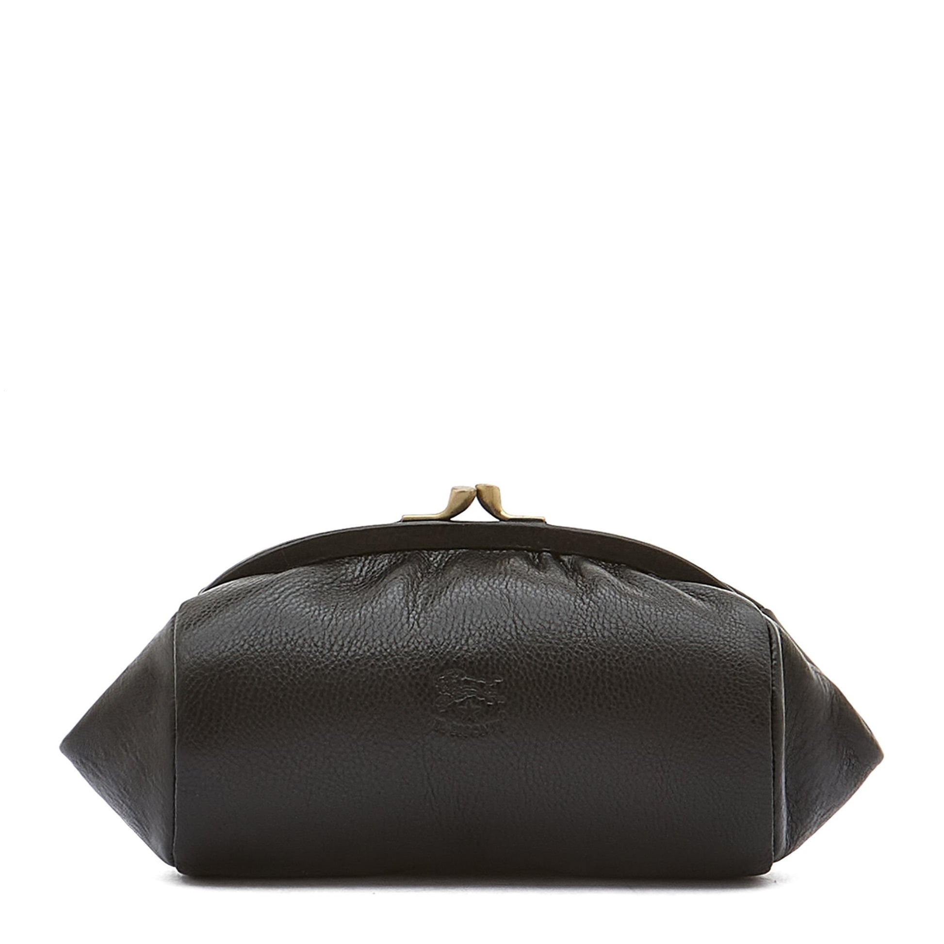 A black pebbled leather pouch bag with a kiss-lock metal clasp closure, shown against a plain white background.