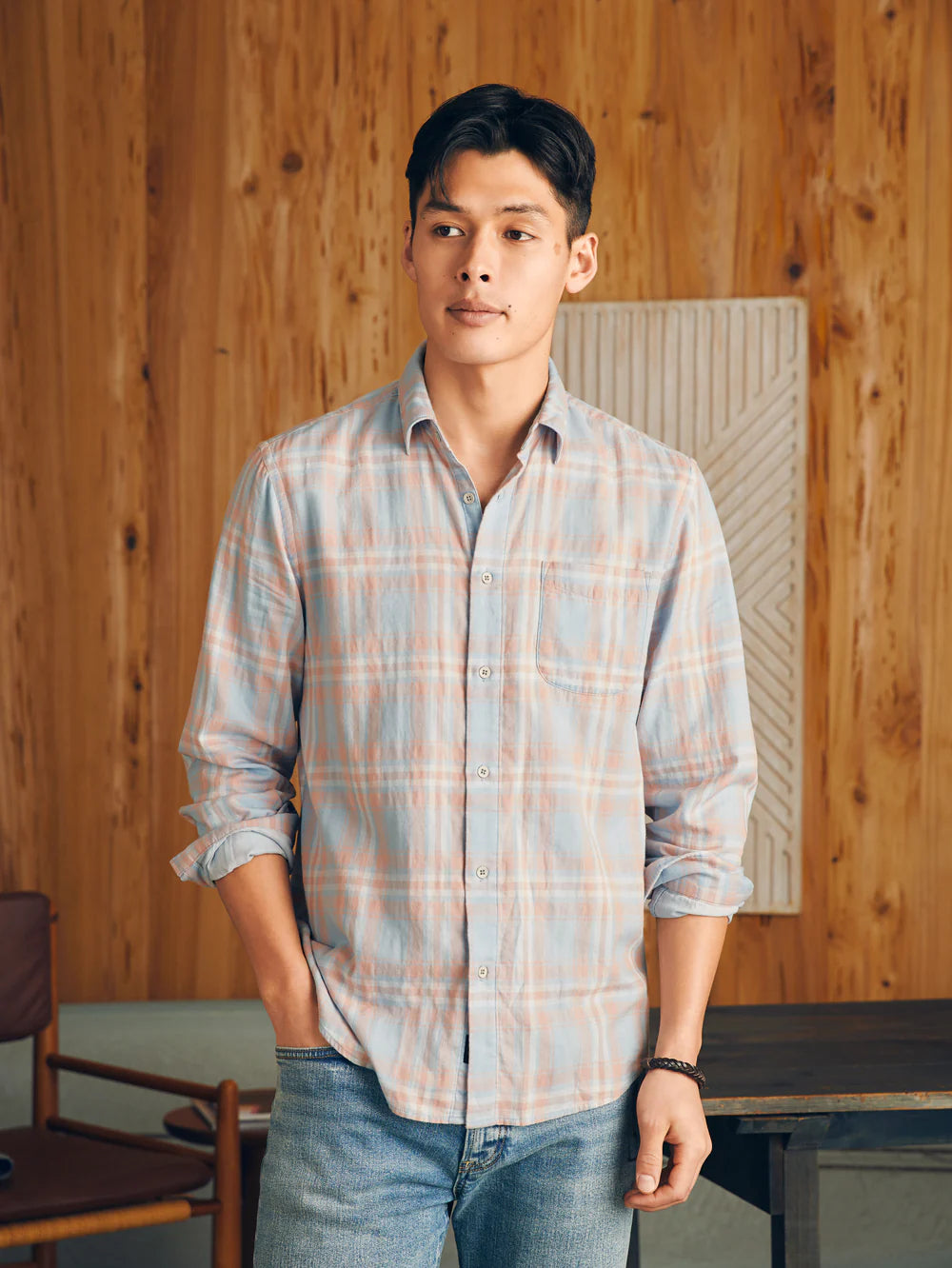Sunwashed Chambray Shirt Shirts Faherty coral bay plaid S