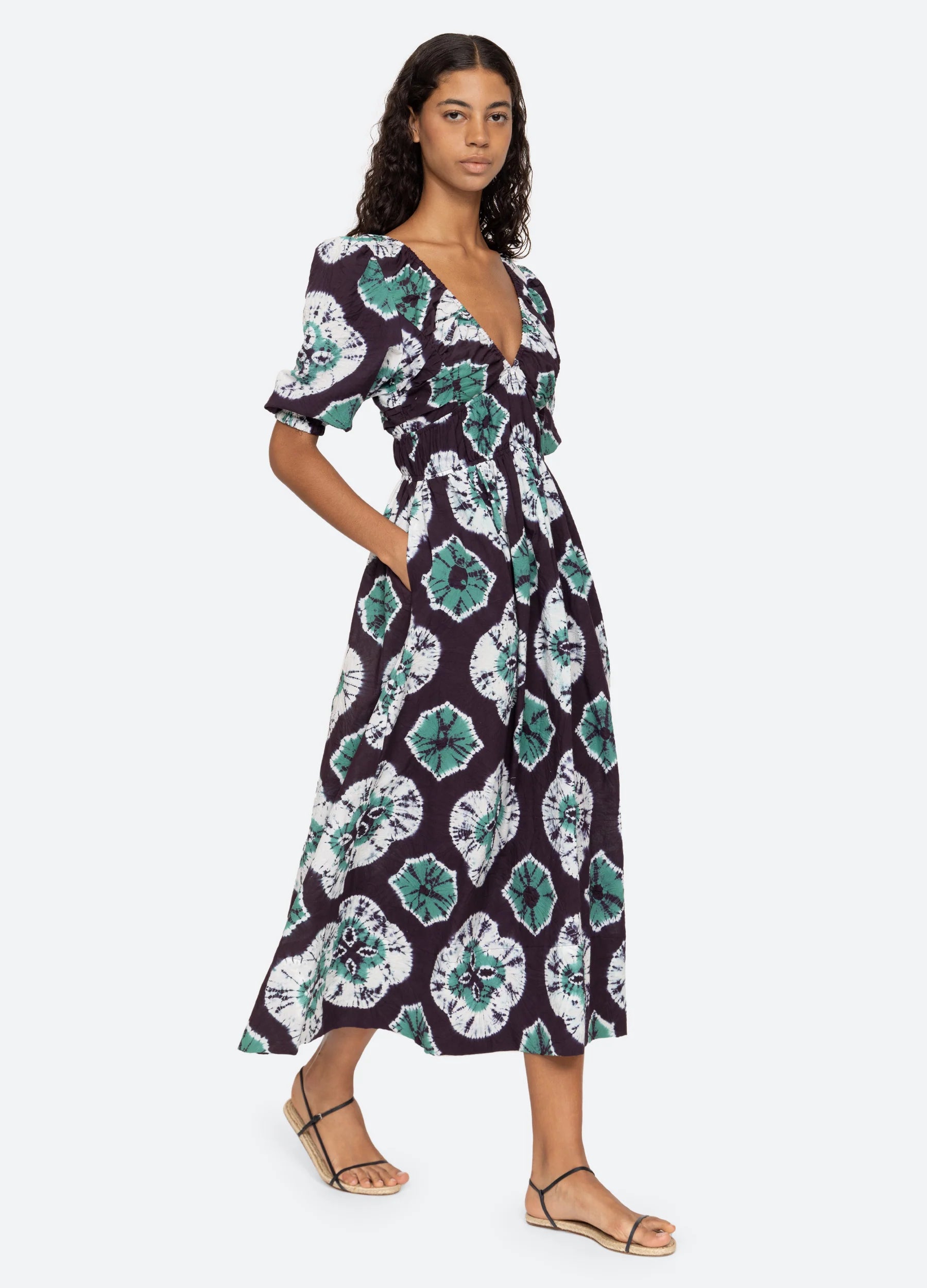 Aveline Tie Dye Puff Sleeve Dress  Sea Teal S 