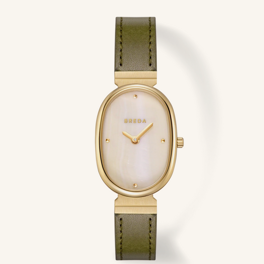 A Boda women's watch featuring an olive green leather strap, a gold-tone case, and a white mother-of-pearl oval dial.