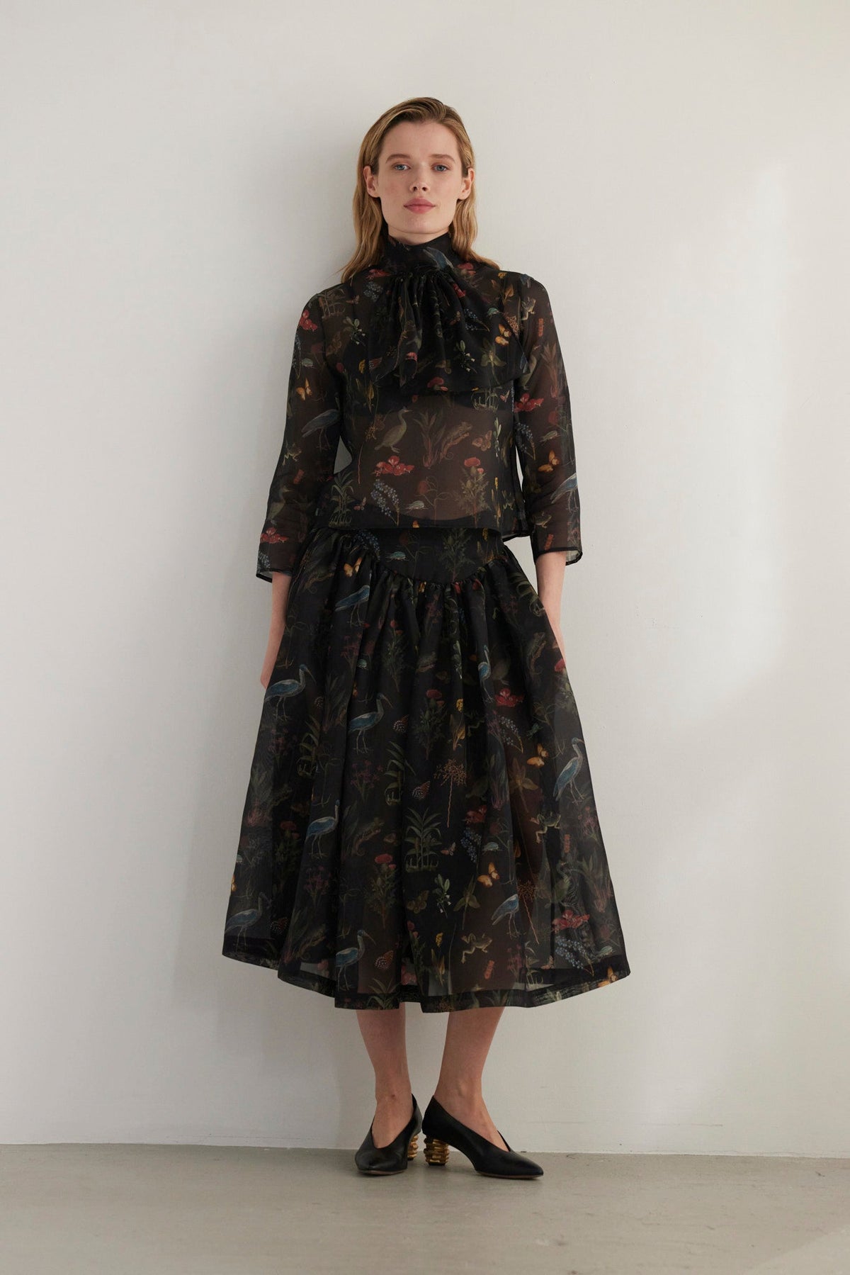 Ursula Shirred Midi Skirt in Audubon Silk Organza Skirts CHRISTINE ALCALAY