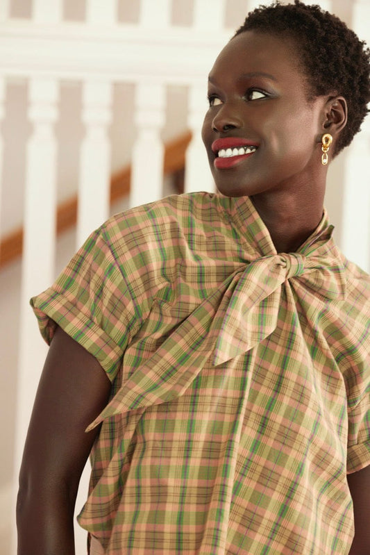 Betty Blouse in Cotton Plaid Tops CHRISTINE ALCALAY Sand Dune Plaid Extra Small