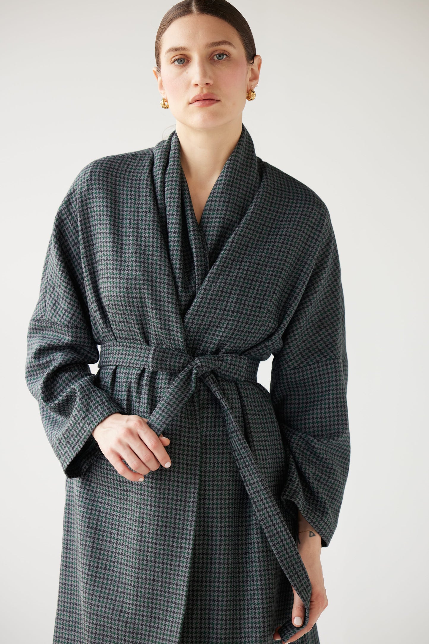Ida Robe Overcoat in Evergreen Houndstooth Dresses CHRISTINE ALCALAY