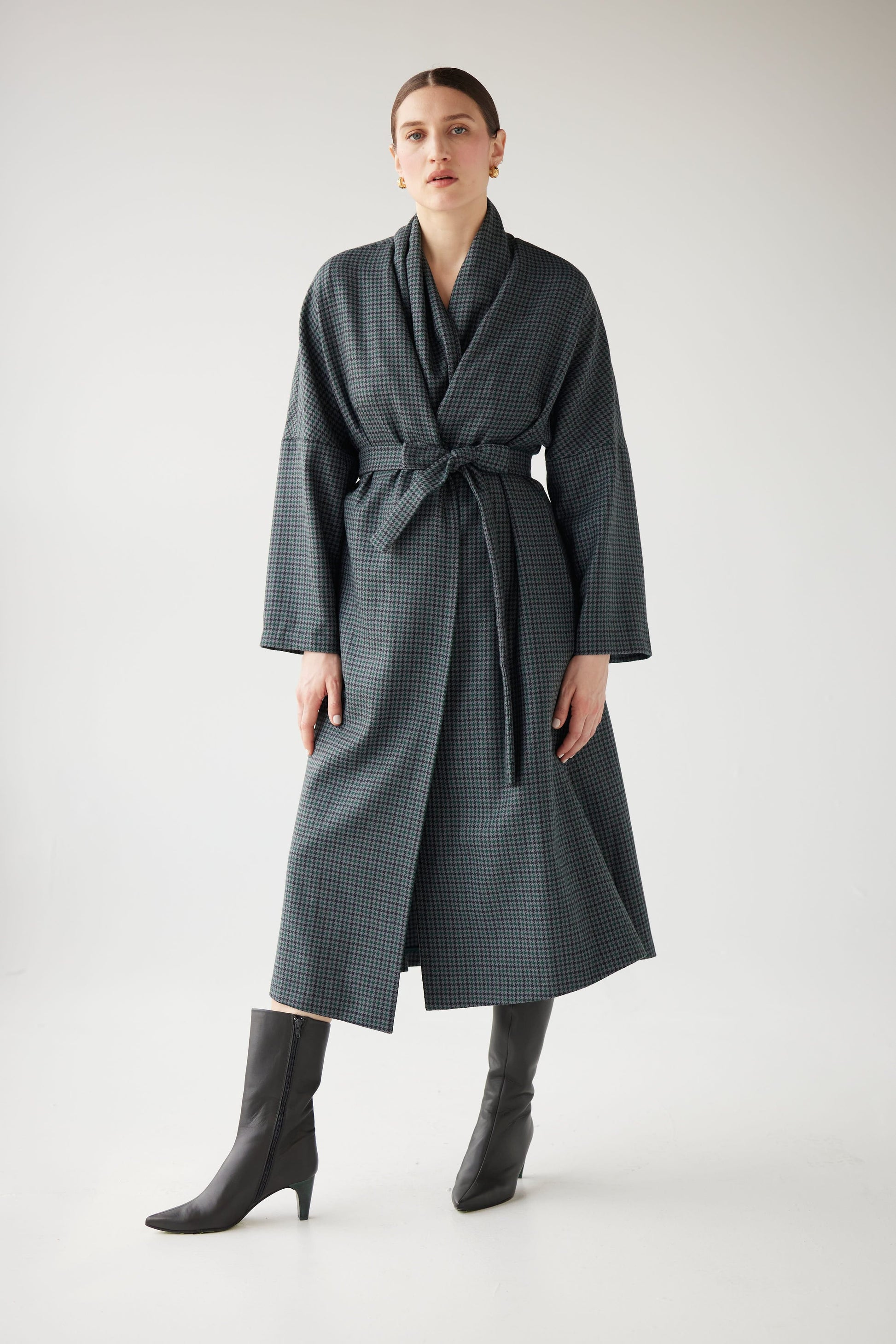 Ida Robe Overcoat in Evergreen Houndstooth Dresses CHRISTINE ALCALAY