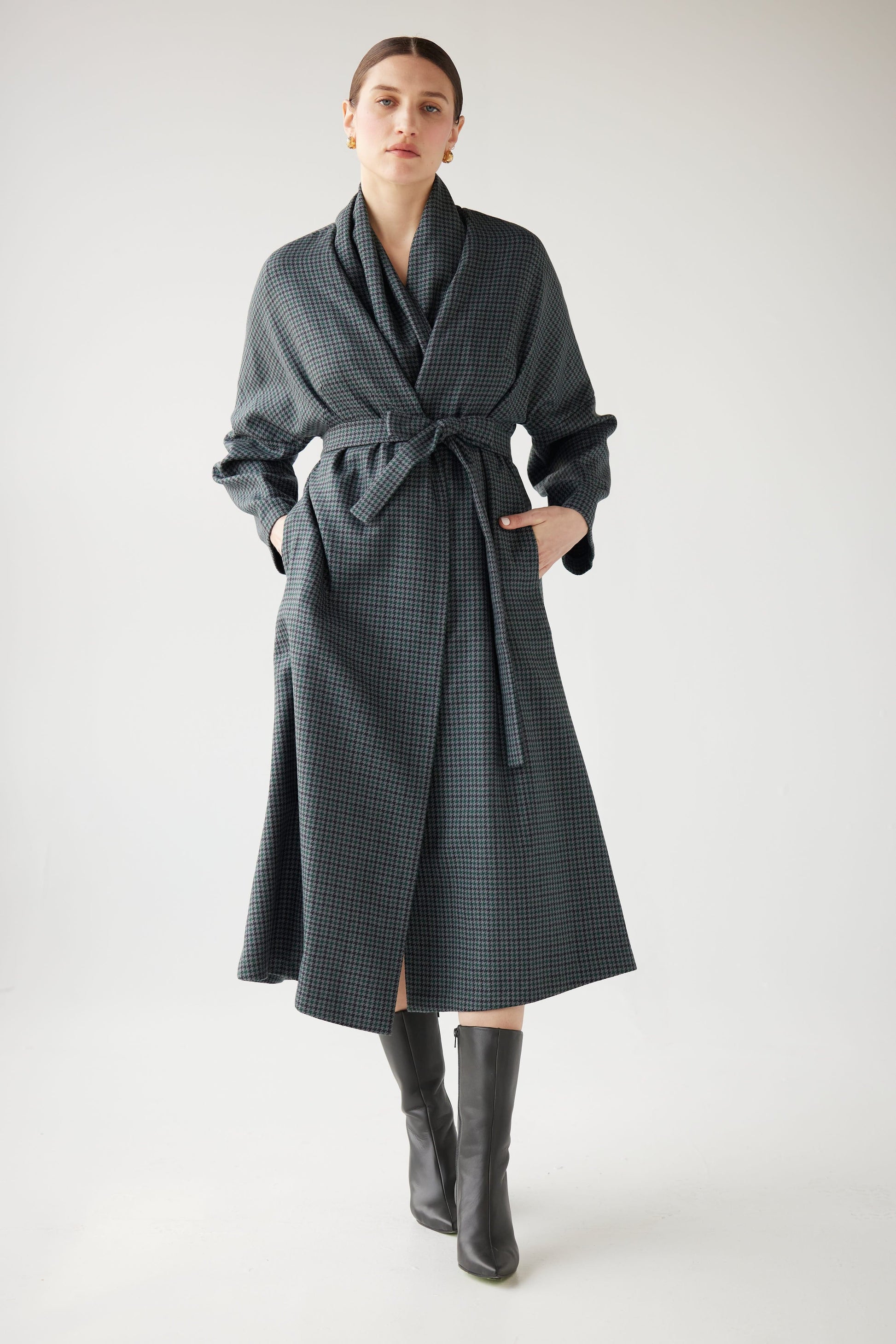 Ida Robe Overcoat in Evergreen Houndstooth Dresses CHRISTINE ALCALAY