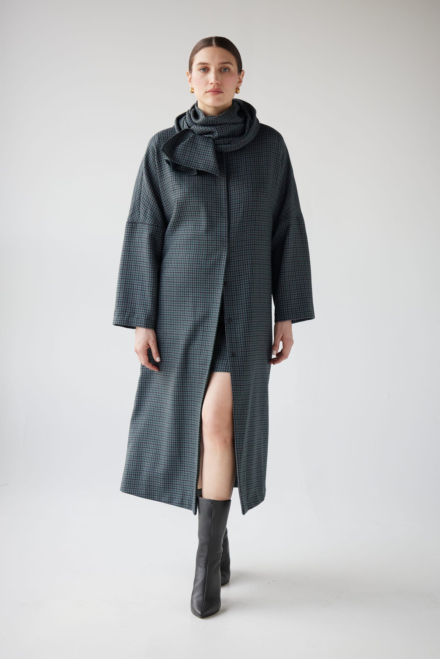 Ida Robe Overcoat in Evergreen Houndstooth Dresses CHRISTINE ALCALAY
