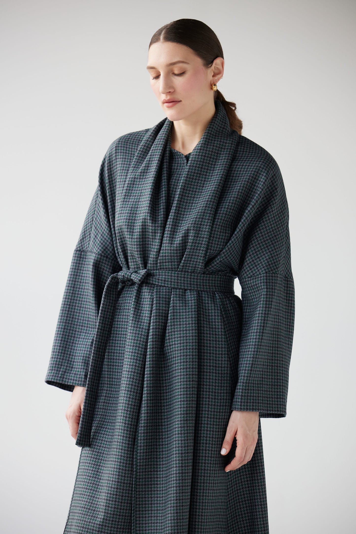 Ida Robe Overcoat in Evergreen Houndstooth Dresses CHRISTINE ALCALAY