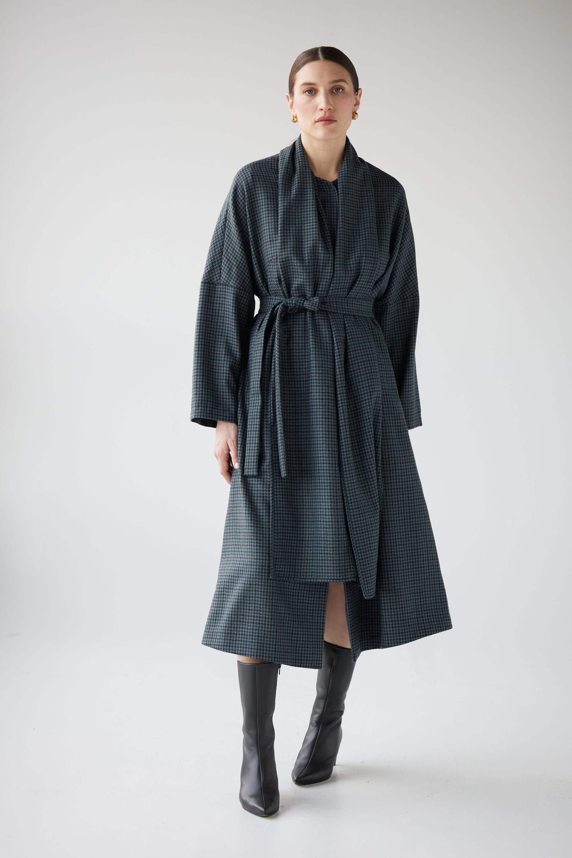 Ida Robe Overcoat in Evergreen Houndstooth Dresses CHRISTINE ALCALAY