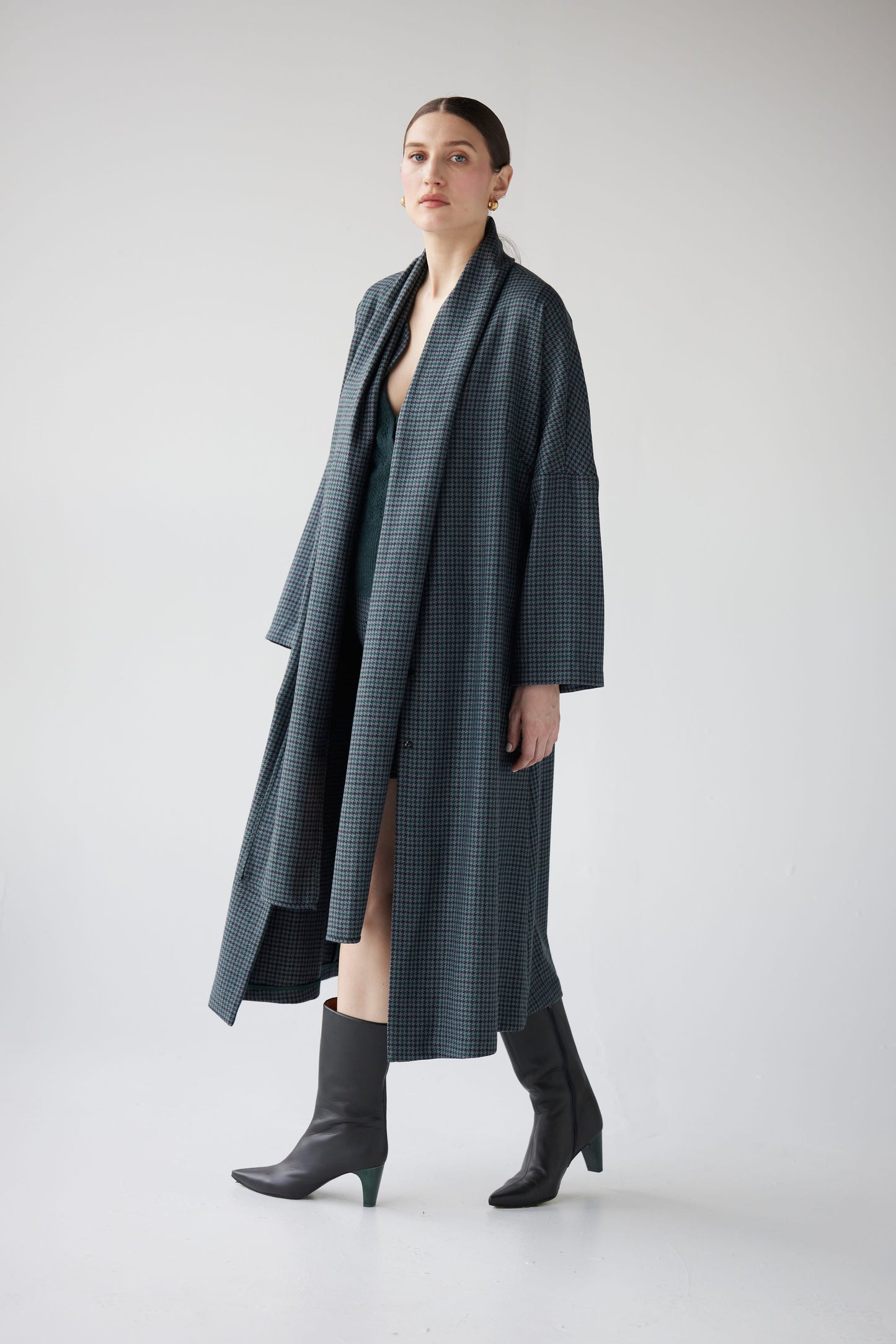 Ida Robe Overcoat in Evergreen Houndstooth Dresses CHRISTINE ALCALAY
