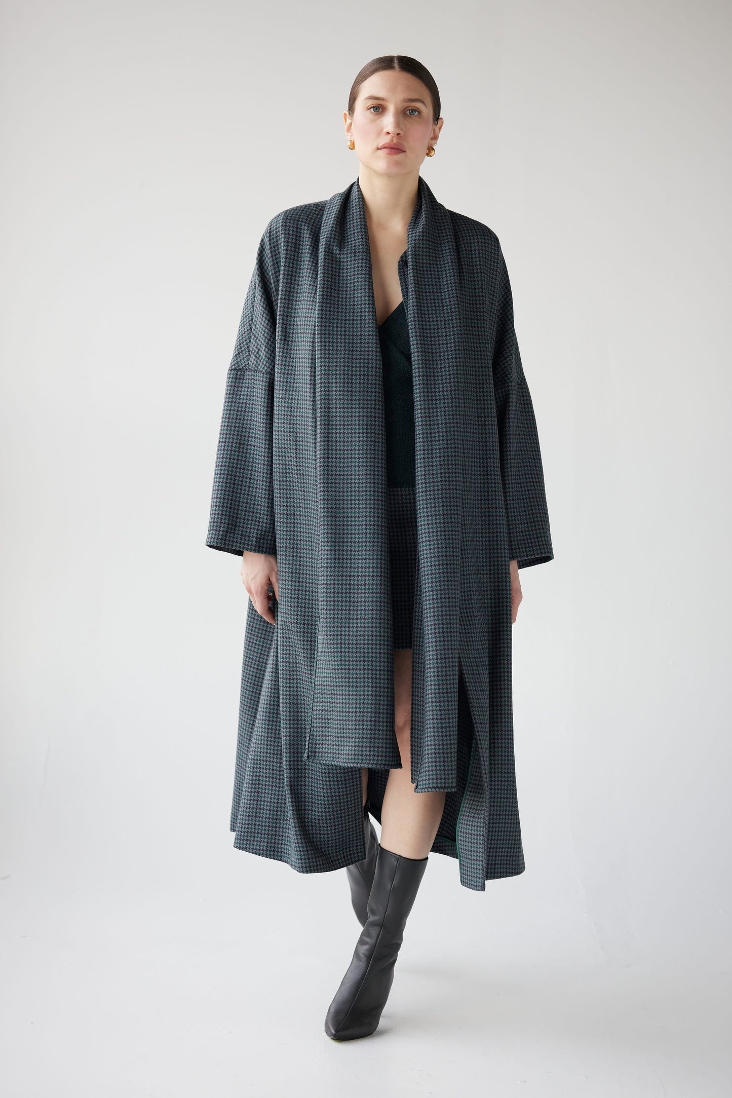 Ida Robe Overcoat in Evergreen Houndstooth Dresses CHRISTINE ALCALAY