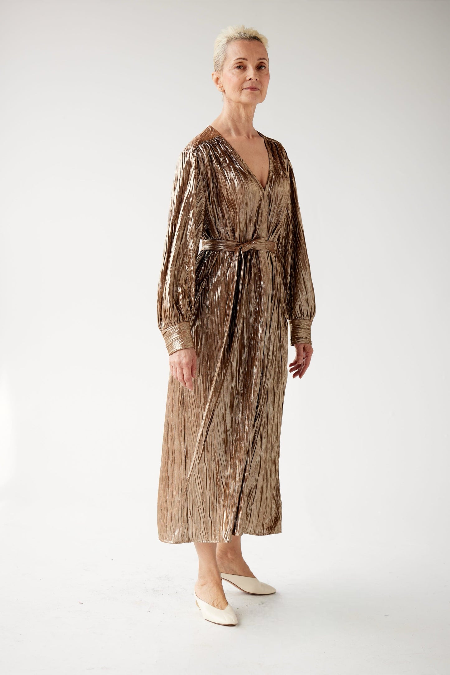 Farrah Dress in Pleated Metallic Gold Dresses CHRISTINE ALCALAY