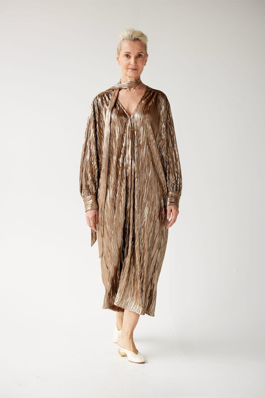 Farrah Dress in Pleated Metallic Gold Dresses CHRISTINE ALCALAY Gold Pleat XS/S