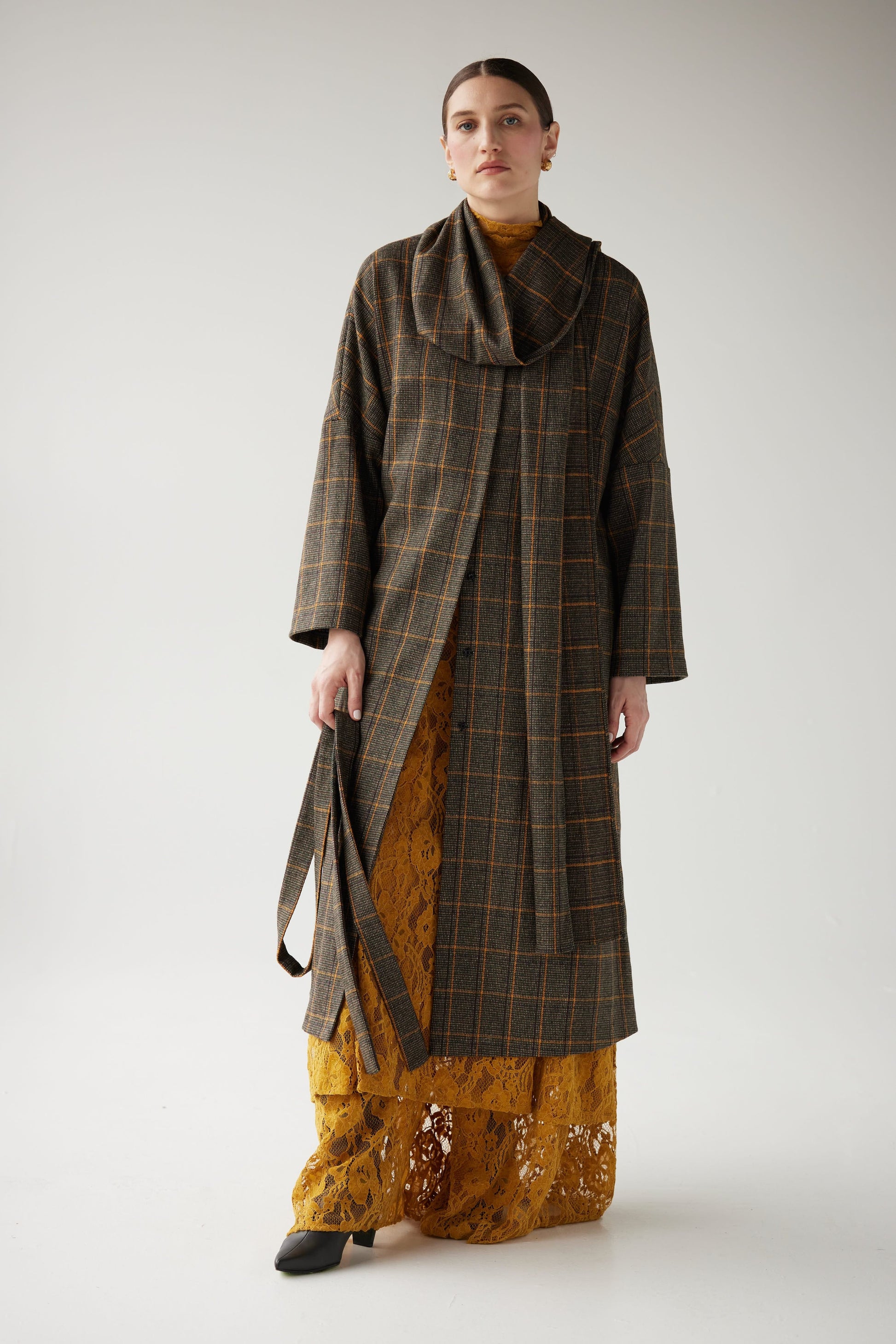 Ida Robe Overcoat in Toffee Plaid Wool Coats CHRISTINE ALCALAY