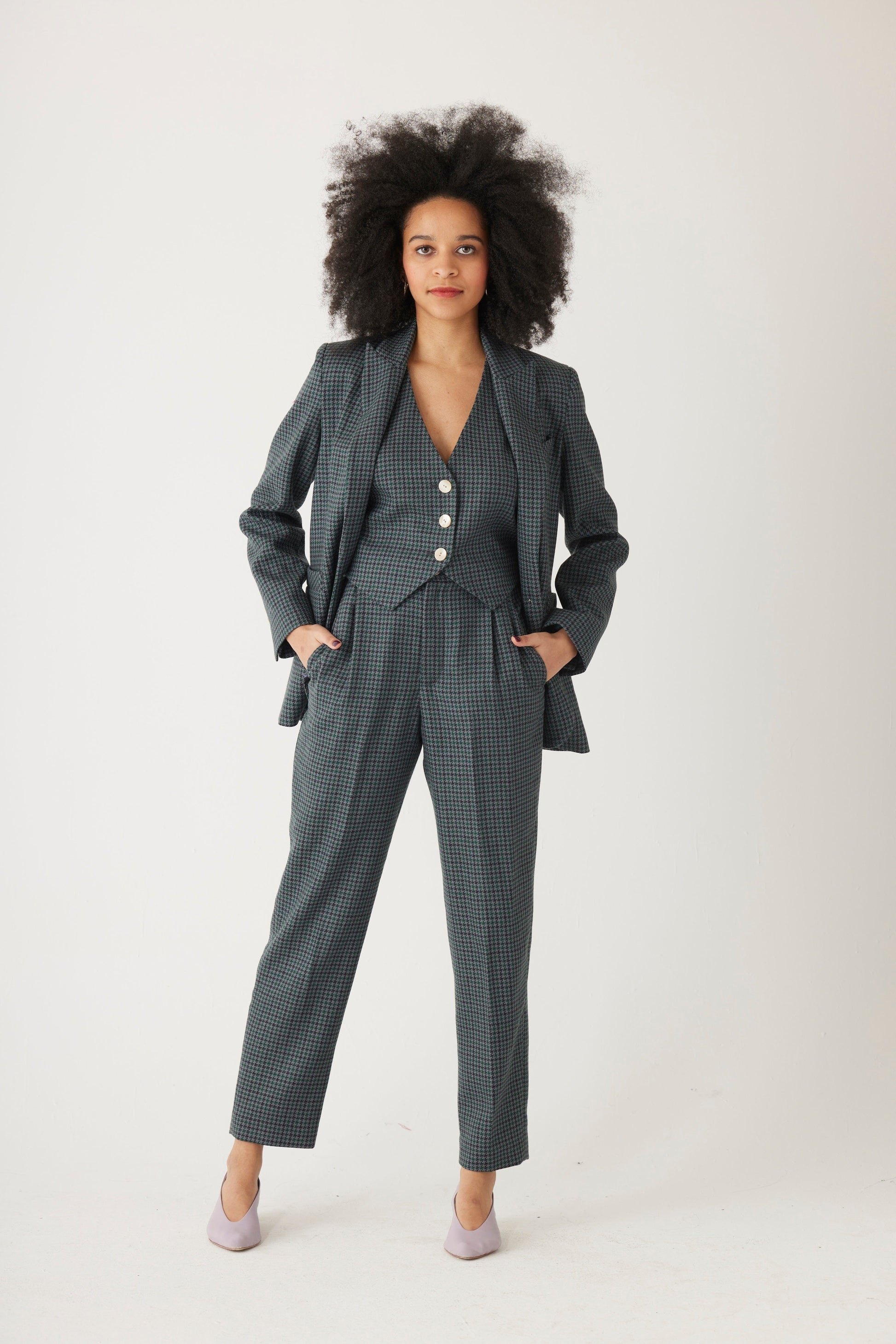 Bianca Blazer in Evergreen Houndstooth Wool Jackets CHRISTINE ALCALAY Evergreen Houndstooth 0 