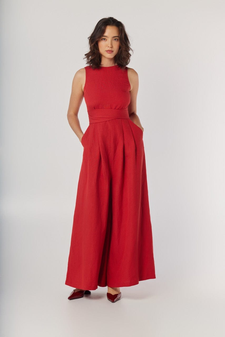 Kyoko Jumpsuit in Cayenne Linen Blend Jumpsuits CHRISTINE ALCALAY Cayenne Red 0