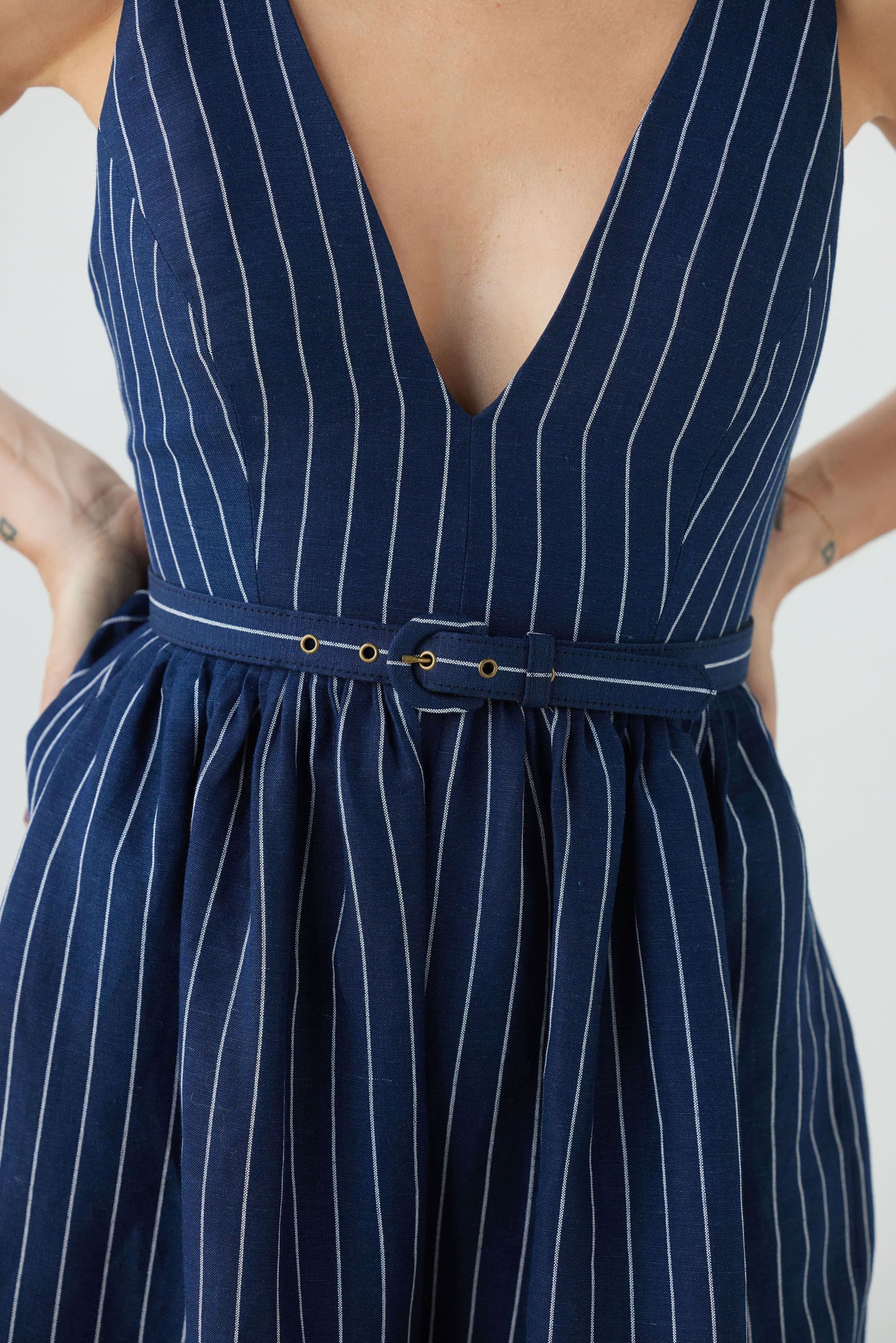 Quynh Jumpsuit in Linen Midnight Stripe Jumpsuits CHRISTINE ALCALAY   
