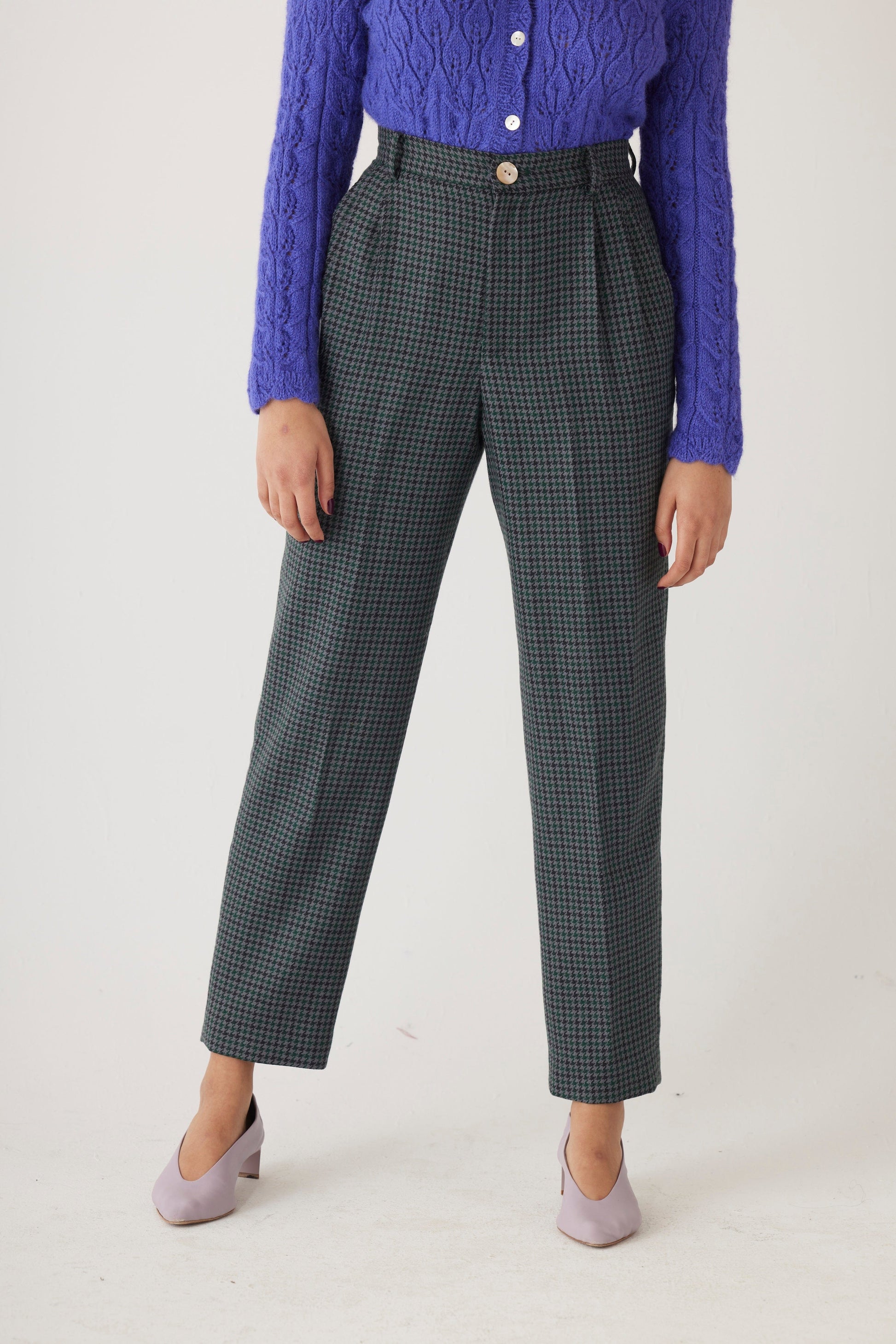 Sophia Trouser in Evergreen Houndstooth Wool Pants CHRISTINE ALCALAY Evergreen Houndstooth 0