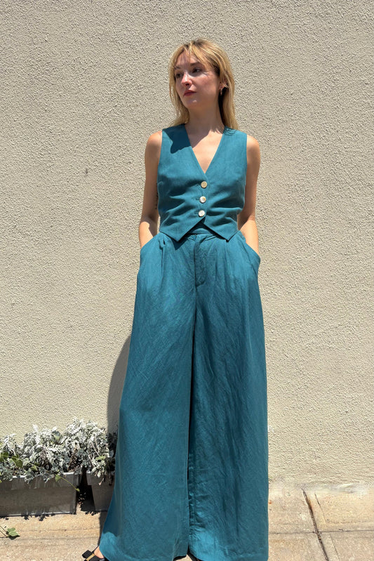 Katherine Wide Leg Pant in Linen Pants CHRISTINE ALCALAY Adriatic 00