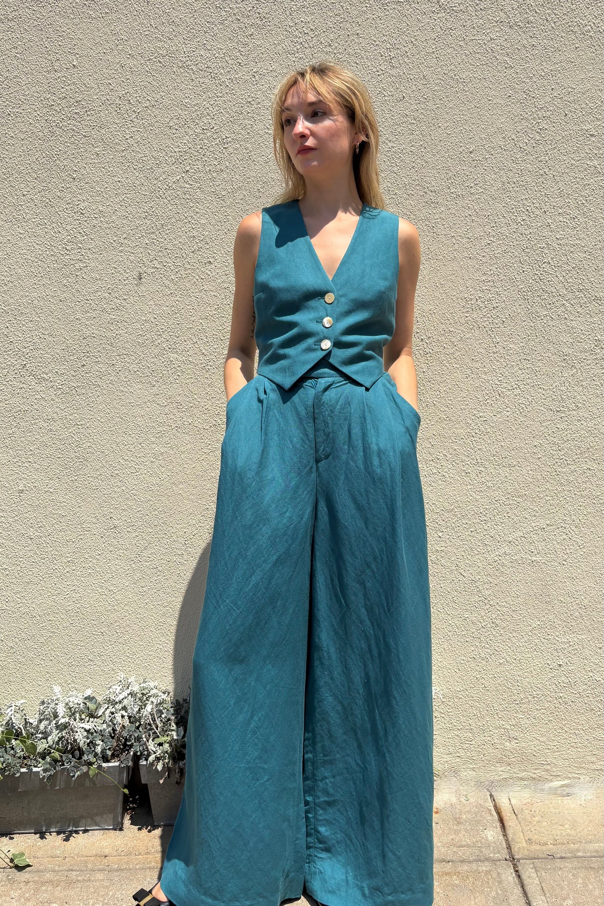 Katherine Wide Leg Pant in Linen Pants CHRISTINE ALCALAY Adriatic 00