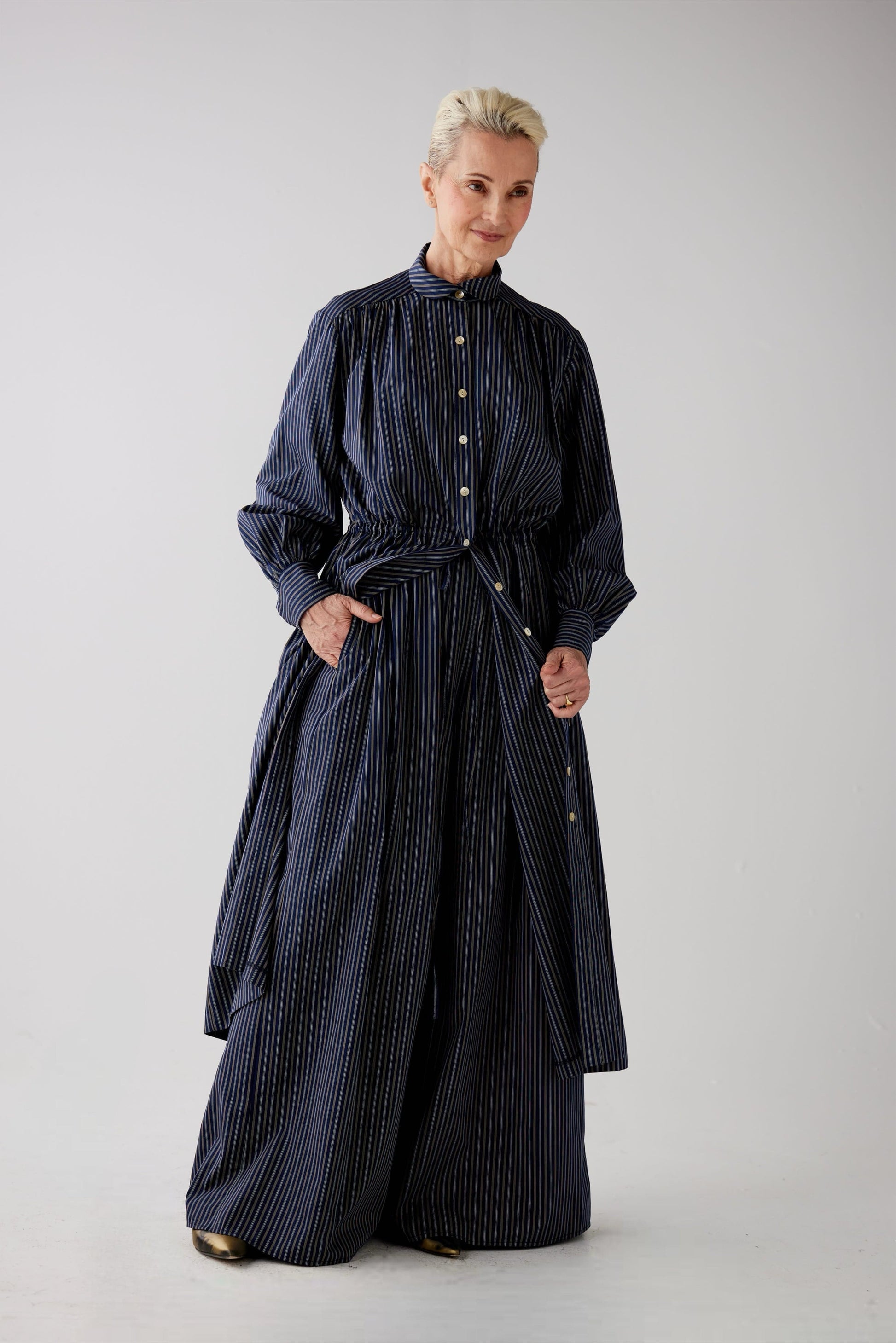 Gretchen Pant in Navy Striped Cotton Pants CHRISTINE ALCALAY